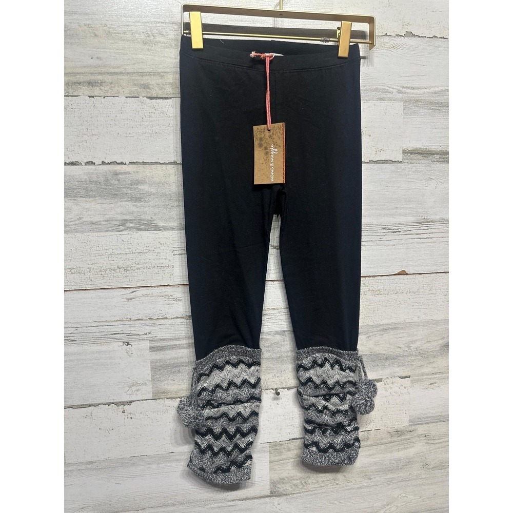 Mimi & Maggie Leggings Girls 6x Black Grey Leg Warmer Pom Pom NWT